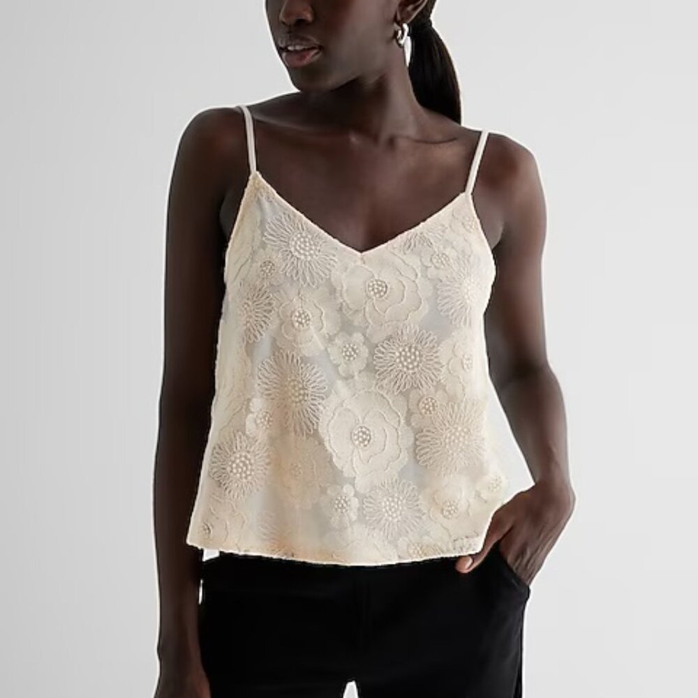 Express Ivory Cami Top | Floral Embroidered Tank